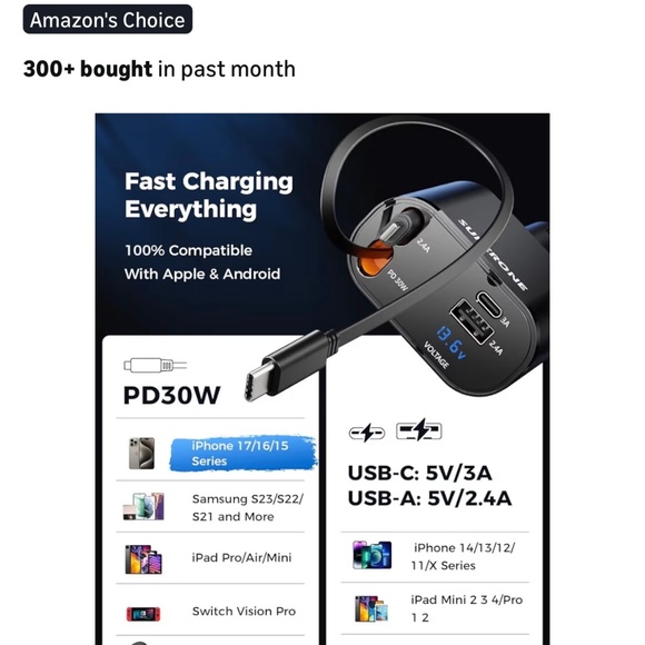 SUPERONE Retractable Car Charger 4-in-1 Fast Charging USB-C USB-A New - Picture 5 of 10